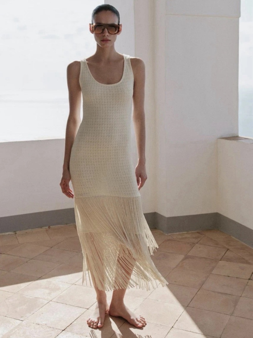 Zara Textured Sleeveless Cream Knit Fringe Midi Dress